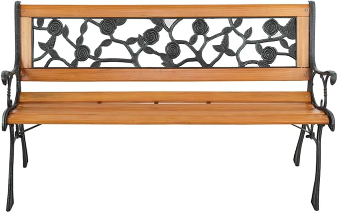 Outdoor Garden Bench - Floral Design Patio Loveseat and Park Bench with Curved Armrests - Weather-Resistant Hardwood and Powder-Coated Metal Outdoor Bench for Backyard, Deck, Lawn - Bronze & Natural