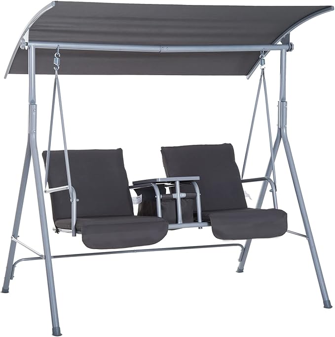 Outsunny 2 Person Porch Swing with Stand, Outdoor Swing with Canopy, Pivot Storage Table, 2 Cup Holders - Photo 1