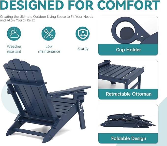 FOOWIN Adjustable Adirondack Chair with Retractable Ottoman, Folding Adirondack Chair with Cup Holder, HDPE All-Weather Fire Pit Chair for Patio, Yard, Poolside, Navy Blue