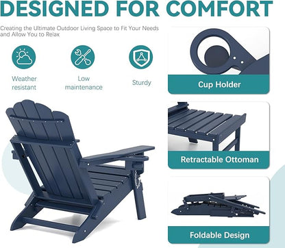 FOOWIN Adjustable Adirondack Chair with Retractable Ottoman, Folding Adirondack Chair with Cup Holder, HDPE All-Weather Fire Pit Chair for Patio, Yard, Poolside, Navy Blue