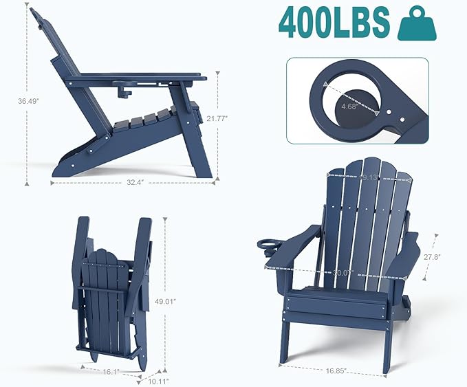 FOOWIN HDPE Adjustable Adirondack Chair Set of 6, 400lbs Heavy Duty Folding Patio Chairs with Cup Holder, 3-Position Reclining Fire Pit Seating, All-Weather Poly Lumber for Backyard, Deck - Navy Blue