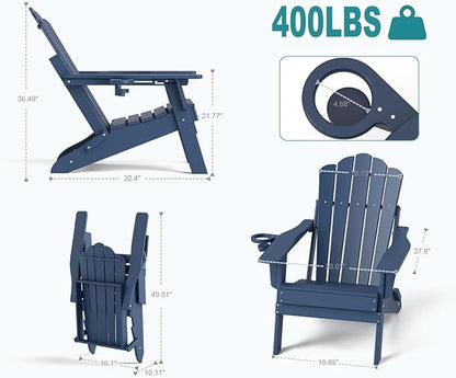 FOOWIN HDPE Adjustable Adirondack Chair Set of 6, 400lbs Heavy Duty Folding Patio Chairs with Cup Holder, 3-Position Reclining Fire Pit Seating, All-Weather Poly Lumber for Backyard, Deck - Navy Blue