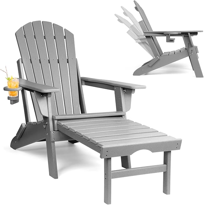 FUNBERRY Adjustable Folding Adirondack Chair with Retractable Ottoman, All Weather Fire Pit Chairs with Cup Holder