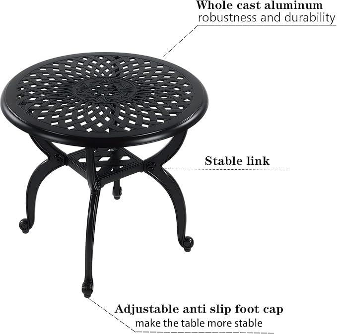 Cast Aluminum Outdoor Side Table, All Weather Round Small Coffee Table for Patio,Park,Lawn,Yard (21" Black)