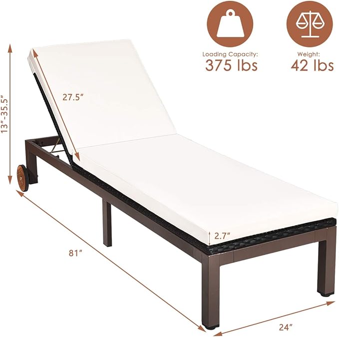 DORTALA Outdoor Pool Chaise Lounge Chair, Metal Rattan Lounger Recliner Chair W/Wheels - Photo 3