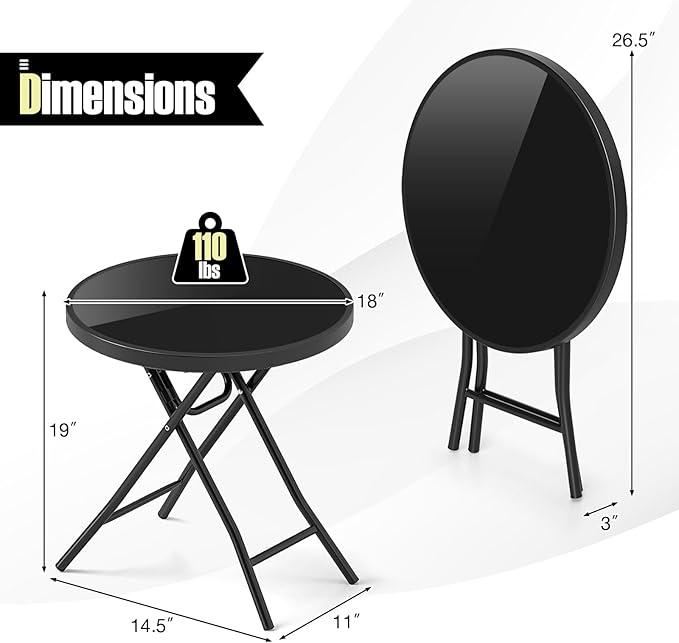 Tangkula Round Folding Side Table, 18 Inch Patio Coffee Table with Tempered Glass Tabletop and Metal Frame - Photo 3
