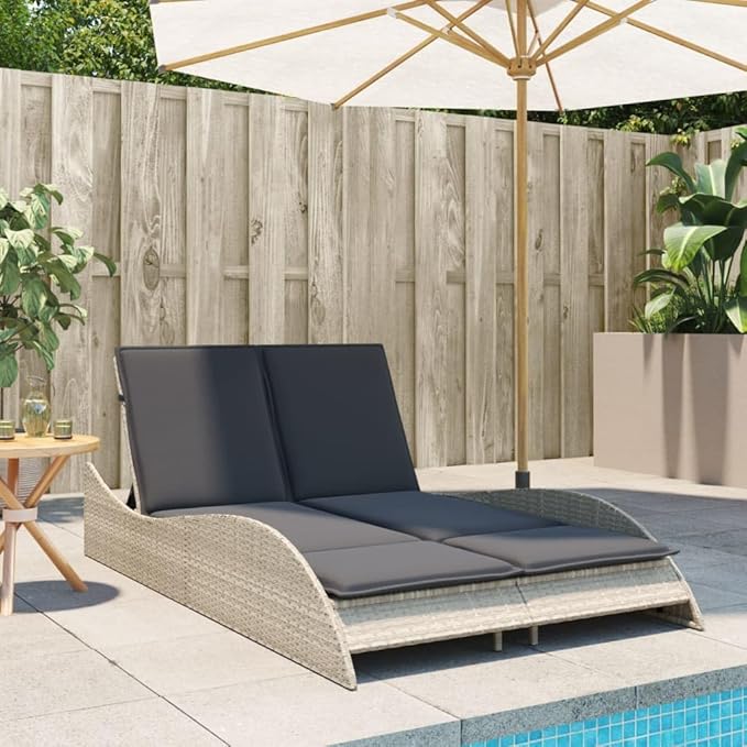 Light Gray Double Chaise Lounge Outdoor 80.7 x 28.7 in Wicker Rattan 2-Person Patio Sun Lounger with Adjustable - Photo 3