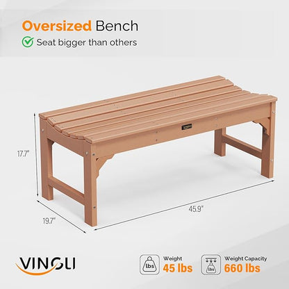 VINGLI Outdoor Bench Garden Bench HDPE Porch Bench, All-Weather Patio Bench, Poly Lumber Oversized Park Bench 800 lbs Weight Capacity (Teak)