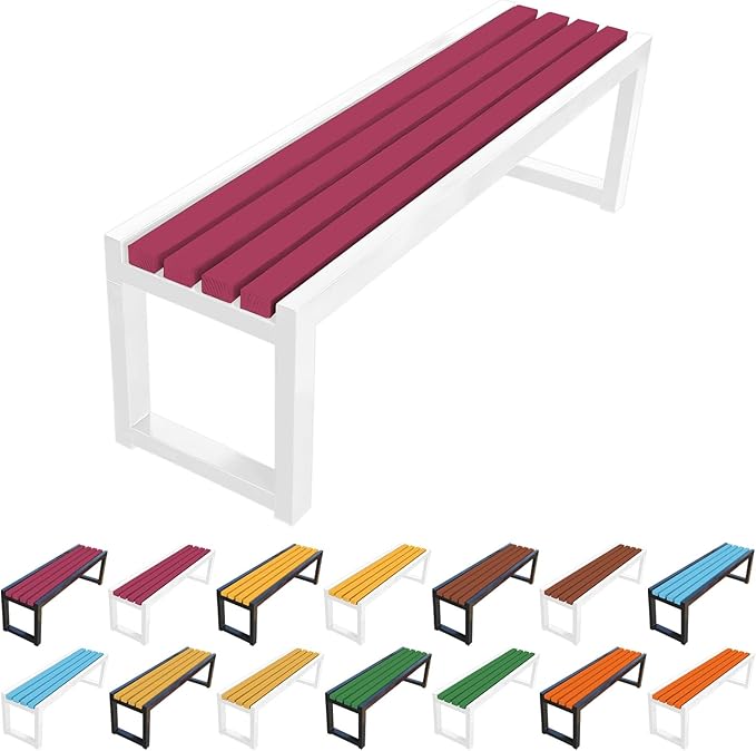Garden Bench for Outdoors, Weatherproof Patio Bench Wooden Benches 2-Person Backyard Seat Backless Seat with Metal Frame for Park Backyard Entryway 3.3ft 3.9ft 4.9ft 5.9ft(Dark Red White,4.9ft)