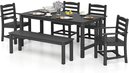 Tangkula 6 Pieces Patio Dining Bench Set, Outdoor HDPE Weather Resistant Table and Chairs Set with 1.77” Umbrella Hole and Wood-Like Surface, Outside Furniture Set for Garden, Backyard (Black, 6 Pcs)