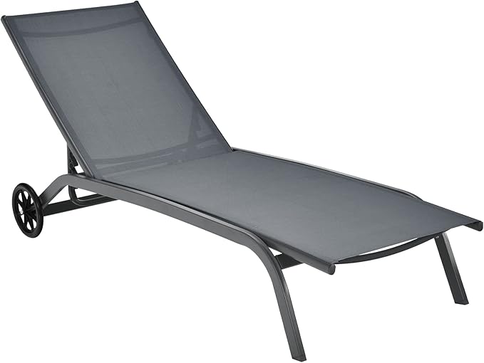 COSTWAY Outdoor Chaise Lounge with Wheels, 6-Position Adjustable Tanning Chair with Stable Aluminum Frame, Portable Sun Bathing Lounge Chair for Backyard, Garden, Poolside (Grey)
