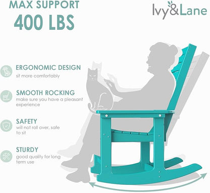 IVY&LANE Outdoor Rocking Chairs Set of 2 | Porch-Rockers | Aqua | HDPE Plastic | All-Weather | High Back | Wide Seat | Oversized Patio Rocker for Adult | for Outside Deck Balcony Garden