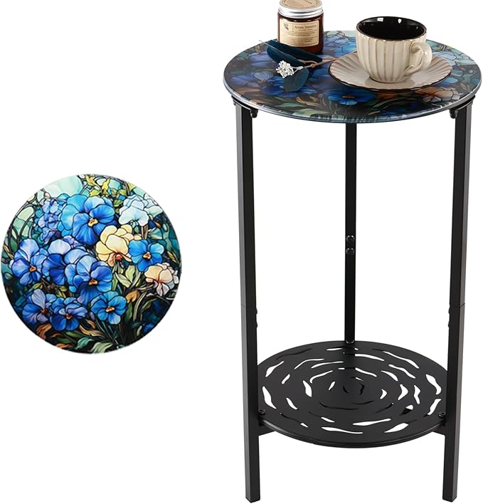 2-Tier Metal Round Side Table Black Accent Coffee Tables Small Space Corner Plant Stand Shelf for Indoor Outdoor Use - Photo 1