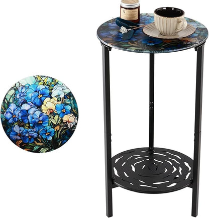 2-Tier Metal Round Side Table Black Accent Coffee Tables Small Space Corner Plant Stand Shelf for Indoor Outdoor Use Patio Balcony End Table Floral Print Weather-Resistant
