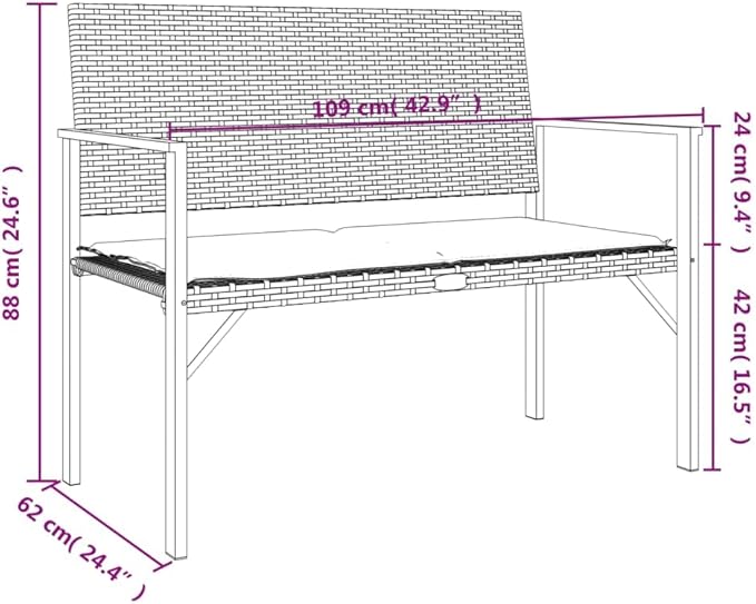Grey PE Rattan 2-Seater Garden Bench, Durable Outdoor Patio Furniture with Cushioned Seat, Weatherproof Porch Seating for Balcony Patio Bench