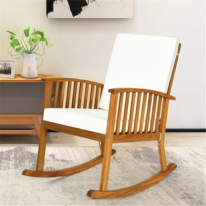 Pemberly Row 2-Pcs Acacia Wood Outdoor Rocking Chairs, Brown Finish, Ergonomic Design with Weather-Resistant Cushions, Rustic Style Porch or Patio Seating, 36.5" H x 25" W x 35.5" L