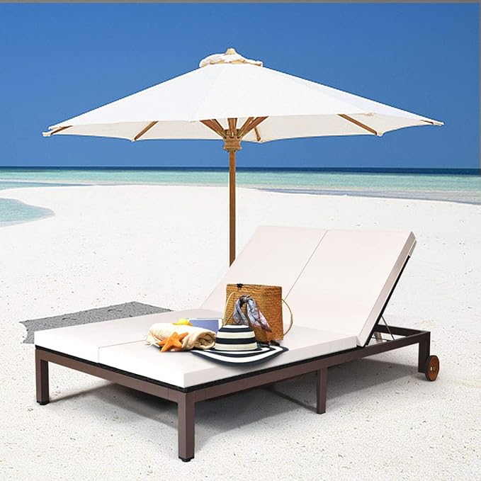 HAPPYGRILL 2-Person Patio Lounge with Wheels, Rattan Wicker Chaise Lounge Chair with Adjustable Backrest, Outdoor Sofa Daybed with Cushion for Garden Lawn Backyard