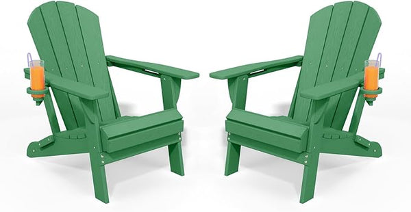 Folding Adirondack Chair with Cup Holders Set of 2, HDPE Plastic Outdoor Chairs, Weather Resistant - Photo 1