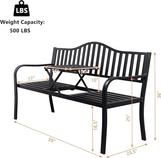 VINGLI 59" Outdoor Metal Bench Patio Bench with Built in Table Park Bench Garden Bench, Outside Benches Weather Proof Front Porch Bench for Yard Lawn Decor Deck