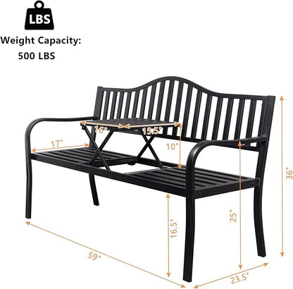 VINGLI 59" Outdoor Metal Bench Patio Bench with Built in Table Park Bench Garden Bench, Outside Benches Weather Proof Front Porch Bench for Yard Lawn Decor Deck