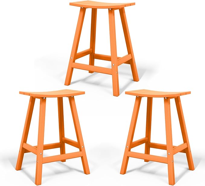 Costaelm All-Weather Bar Stools Set of 3, 29" Height Outdoor Bar Stools, Adirondack Poly Patio Bar Stool for Patio, Deck, Kitchen Counter and Garden, Orange