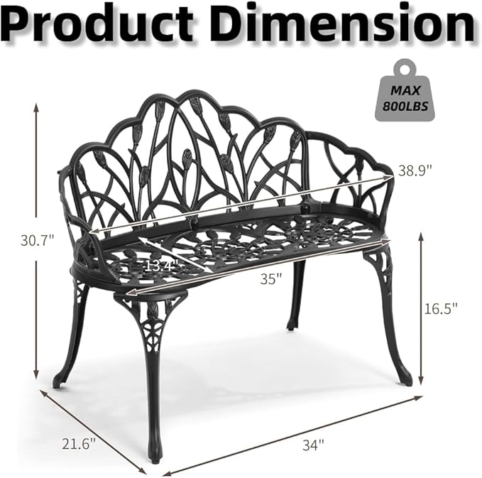 Patio Aluminum Outdoor Bench, Garden Metal Loveseat Furniture, Vintage Tulip Carving Antique Black Front Porch Chair Seat
