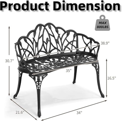 Patio Aluminum Outdoor Bench, Garden Metal Loveseat Furniture, Vintage Tulip Carving Antique Black Front Porch Chair Seat