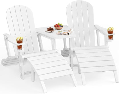 JY QAQA Outdoor Adirondack Chair Set of 2 with Detachable Table & Ottoman, All-Weather HDPE Patio Furniture with Wood Texture & Cup Holder for Patio, Poolside, Garden, White