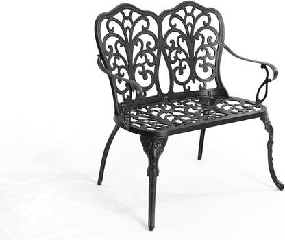 Patio Garden Bench Metal Park Cast Aluminum Outdoor Furniture with Floral Rose for Patio,Park,Lawn,Yard Black Aluminium Ready