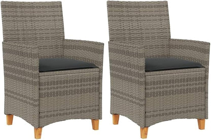 Patio Chairs with Cushions 2 pcs Gray Poly Rattan&Solid Wood, Suitable for patios, Gardens, Balconies