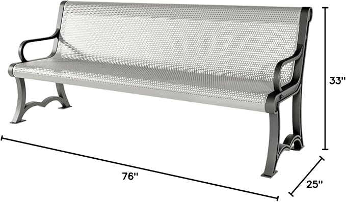 COATEDOUTDOORFURNITURE Coated Outdoor Furniture Heavy-Duty Outdoor Bench Thermoplastic Coated, Punched Steel, Commercial-Grade Garden Bench, Made in America (Portable with Back, 6 Ft, Gray)