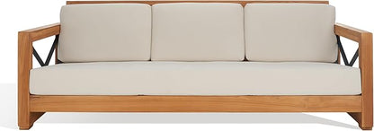 SAFAVIEH Couture Outdoor Patio Furniture Collection – Curacao 3-Seat Patio Sofa, Brazilian Teak Wood Frame with Removable White Cushions, Modern Outdoor Seating (CPT1010A)