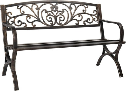 Metal Outdoor Bench, 50" Outdoor Garden Bench Patio Park Bench, Cast Iron Park Benches for Outside with Floral Design Backrest, Bronze