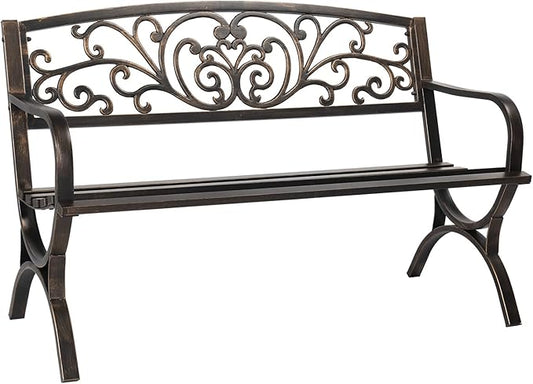 Metal Outdoor Bench, 50" Outdoor Garden Bench Patio Park Bench, Cast Iron Park Benches for Outside with Floral Design Backrest, Bronze