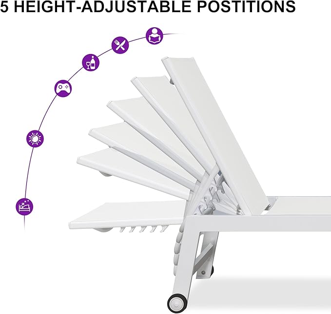 PURPLE LEAF Patio Lounge Chair 2 Pieces White Aluminum Outdoor Chaise Lounge for Pool Backyard Beach with Wheels and Table, Ivory