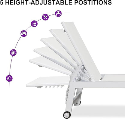 PURPLE LEAF Patio Lounge Chair 2 Pieces White Aluminum Outdoor Chaise Lounge for Pool Backyard Beach with Wheels and Table, Ivory