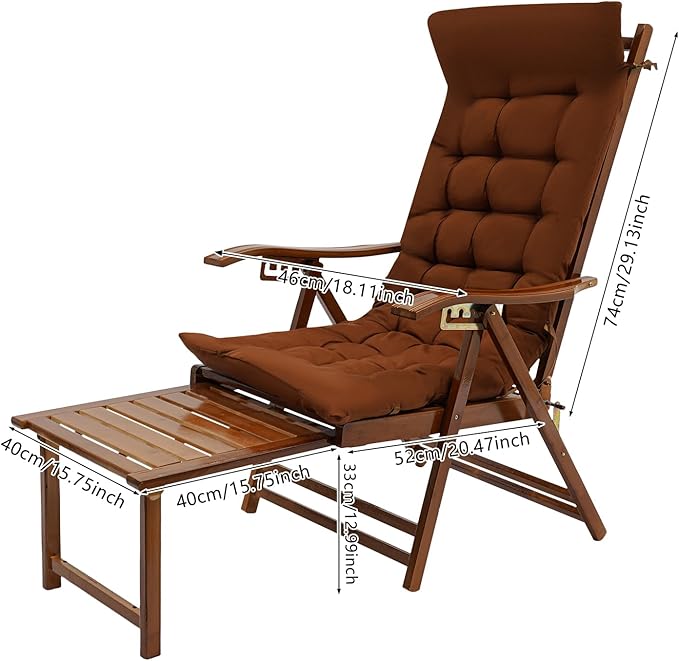Bamboo Lounge Chair Folding Reclining Chair with Adjustable Backrest Folding Lounge Chairs with Cushion Max. Load - Photo 3