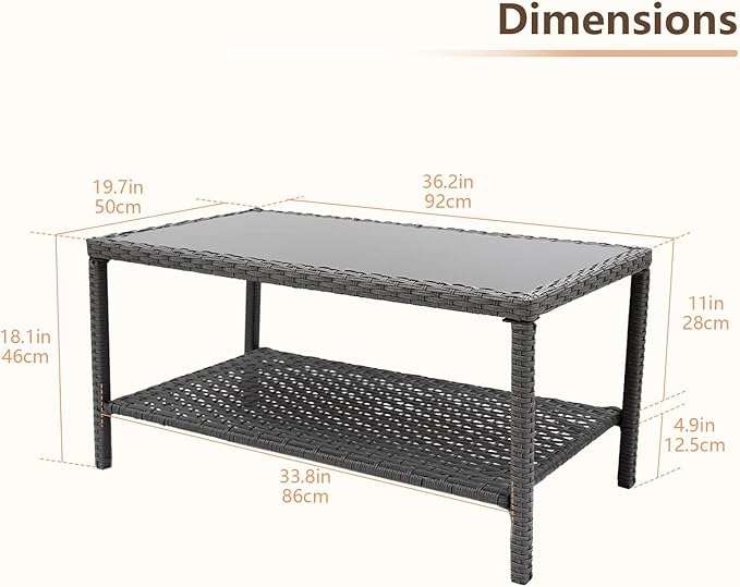 C-Hopetree Small Outdoor Coffee Side End Table for Outside Patio Storage, Gray All Weather Wicker with Glass Top - Photo 2