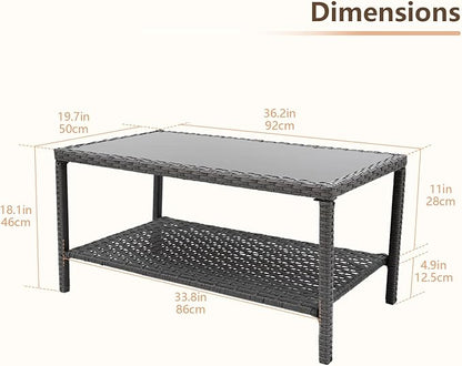 C-Hopetree Small Outdoor Coffee Side End Table for Outside Patio Storage, Gray All Weather Wicker with Glass Top, Rectangle