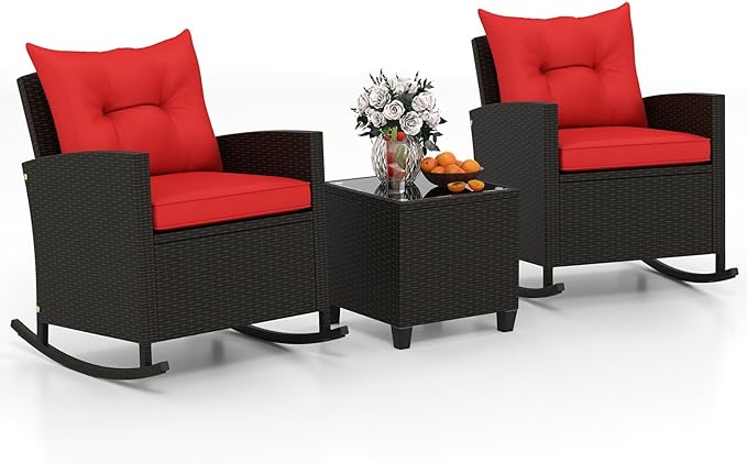 Tangkula 3 Piece Wicker Rocking Set, Patio Rattan Roker Chairs with Tempered Glass Table & Soft Cushions, Outdoor Furniture Set for Backyard, Poolside Porch (Red)