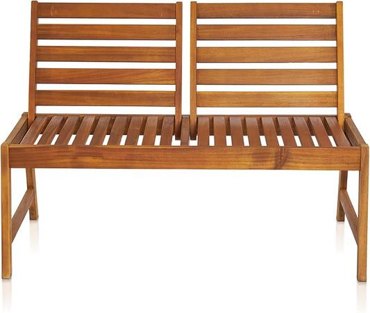 Outdoor Wooden Garden Bench, 2-Person Acacia Wood Loveseat with Adjustable Backrest, 600lbs Capacity, Patio Park Bench for Backyard Deck, Front Porch Bench
