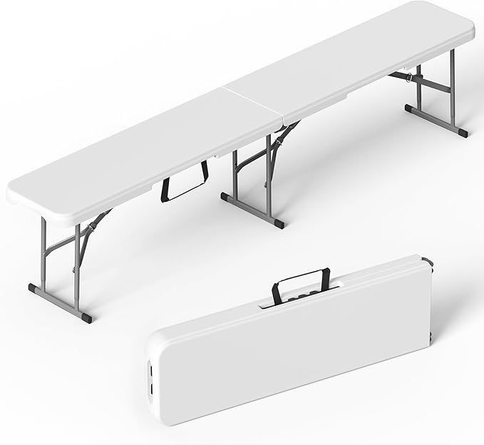 6 Foot Folding Bench, Portable Plastic Folding Bench Seat, Foldable Seat for Indoor Outdoor Picnic Camping Dining, Soccer Garden Multipurpose Entertaining Activities, White