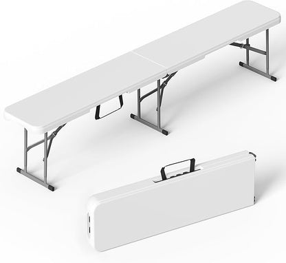 6 Foot Folding Bench, Portable Plastic Folding Bench Seat, Foldable Seat for Indoor Outdoor Picnic Camping Dining, Soccer Garden Multipurpose Entertaining Activities, White