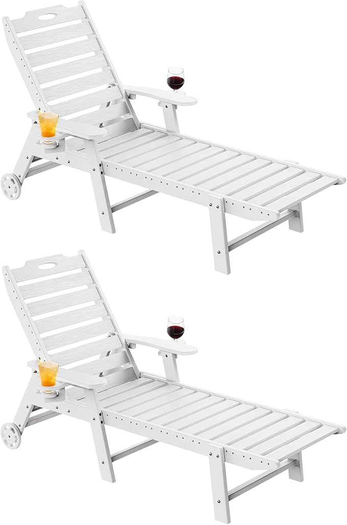Carauci Lounge Chair Outdoor Set of 2, HDPE Chaise Lounge with Wheels - Photo 1