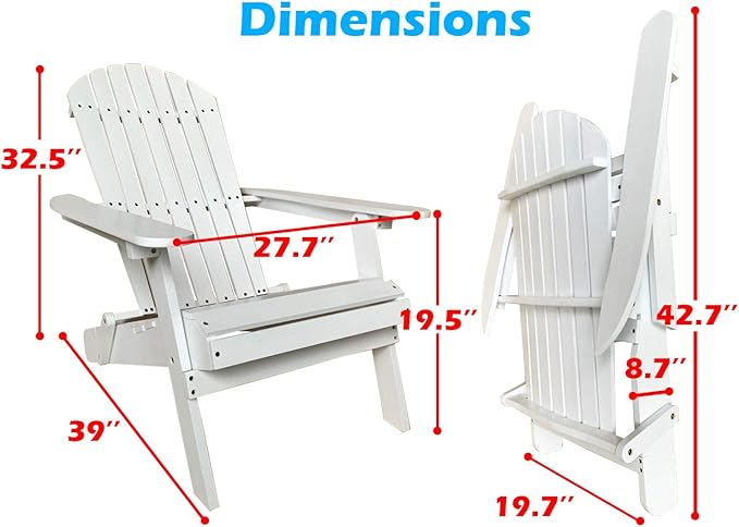 Adirondack Chair Lawn Chair Folding Adirondack Chair Patio Chairs Outdoor Chairs Patio Seating Fire Pit Chairs Wood Chairs for Adults Yard Garden w/Natural Finish (White)