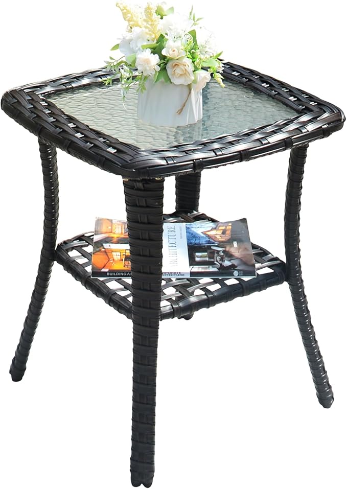 ovios Outdoor Side Table with Tempered Glass Top, Patio Wicker Rattan 2-Tier Storage Coffee End Tables for Porch Deck Balcony Garden Poolside (Brown-Small Size)