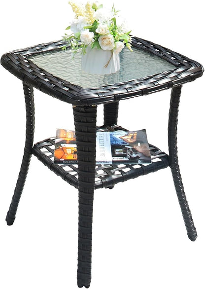 ovios Outdoor Side Table with Tempered Glass Top, Patio Wicker Rattan 2-Tier Storage Coffee End Tables for Porch Deck Balcony Garden Poolside (Brown-Small Size)