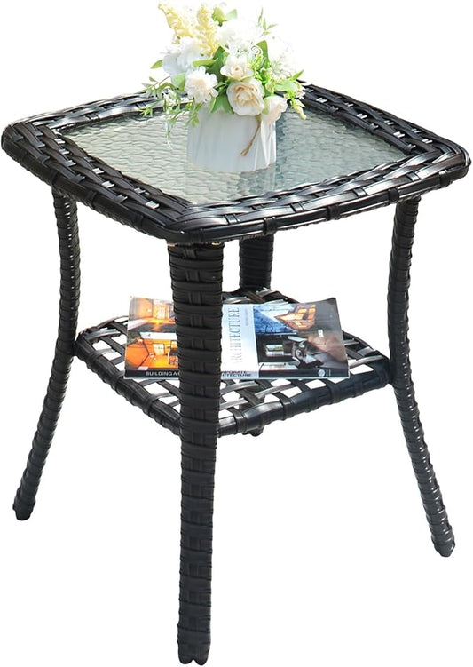 ovios Outdoor Side Table with Tempered Glass Top, Patio Wicker Rattan 2-Tier Storage Coffee End Tables for Porch Deck Balcony Garden Poolside (Brown-Small Size)