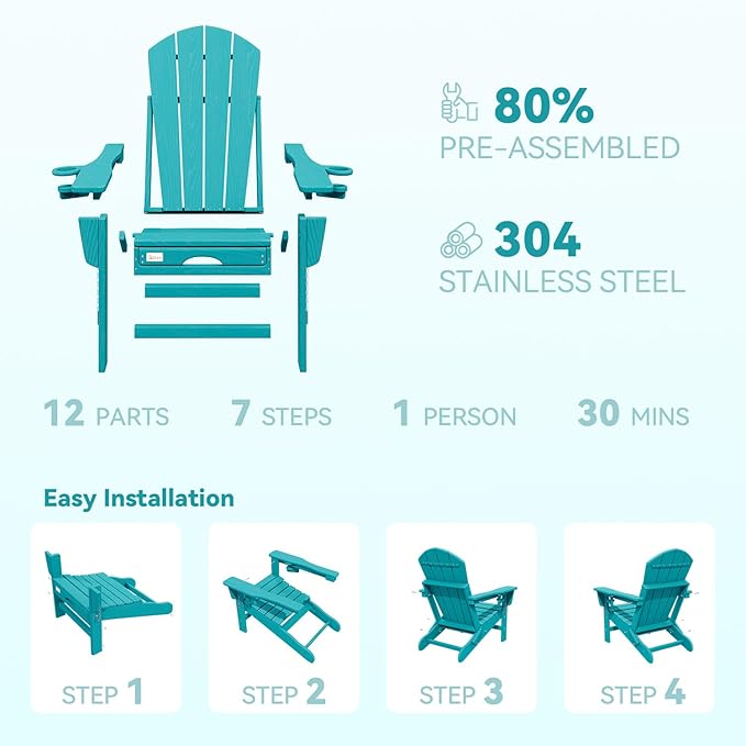 Mdeam 3-Level Adjustable Adirondack Chair with Retractable Ottoman, HDPE All-Weather Folding Fire Pit Chair with 2 Cup Holders, Outdoor Chair for Deck Patio Garden Backyard Lawn (Aruba Blue)
