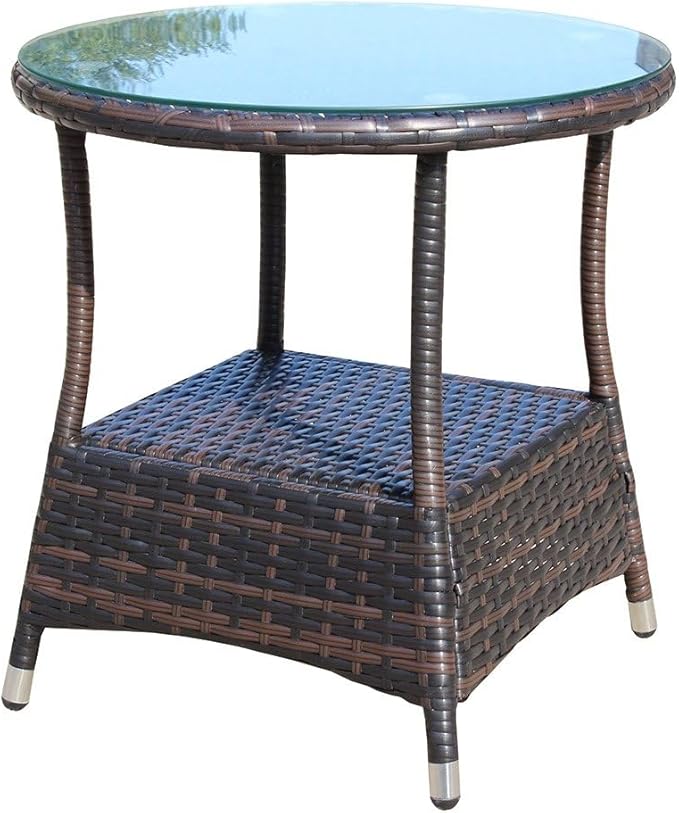 Outdoor Wicker Side Table with Glass Top, 21" Round Patio End Table, All-Weather PE Rattan Coffee Table for Garden, Balcony, Poolside, 120lbs Capacity, Easy Assembly
